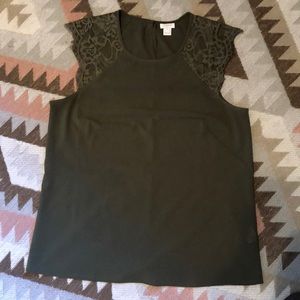 NWOT dark green J Crew shell with lace cap sleeve